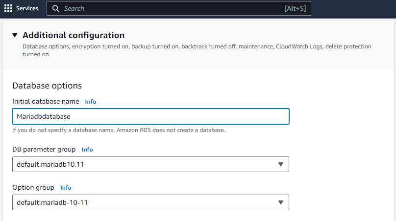 AWS RDS mariadb- specifying a database name