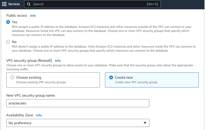 AWS RDS oracle- create new VPC security group