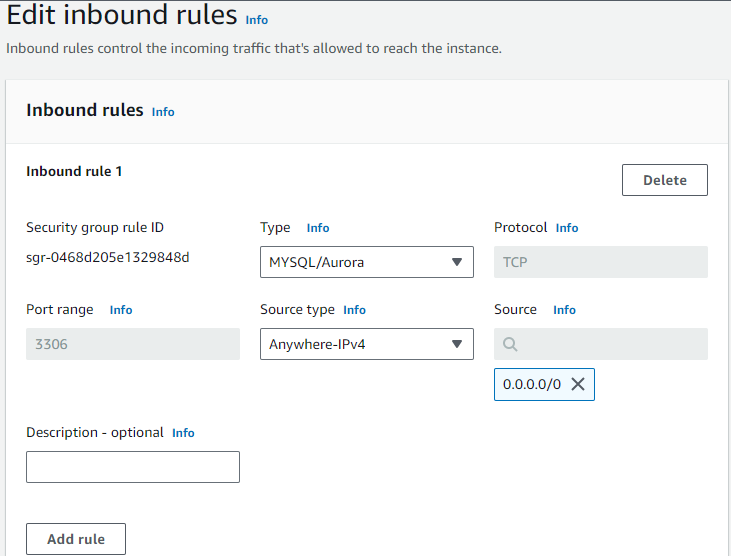 Editing inbound rules for a mariadb VPC security group
