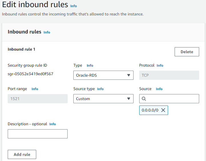 Editing inbound rules for an oracle VPC security group