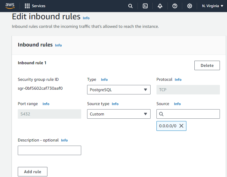 Editing inbound rules for a postgresql VPC security group