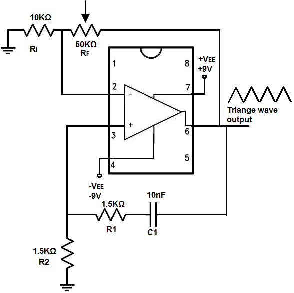 Triangle wave generator circuit built with an LM741 op amp chip