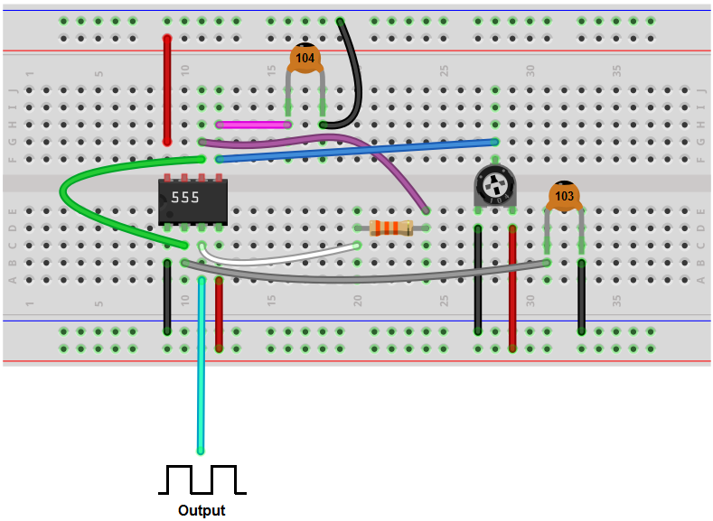 Voltage controlled oscillator (VCO) breadboard circuit with a 555 timer