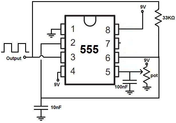 Voltage controlled oscillator (VCO) circuit with a 555 timer