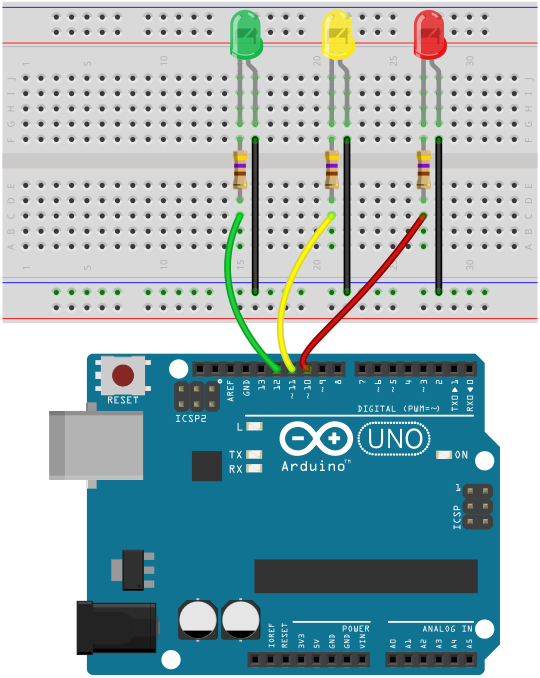 Arduino traffic light breadboard circuit