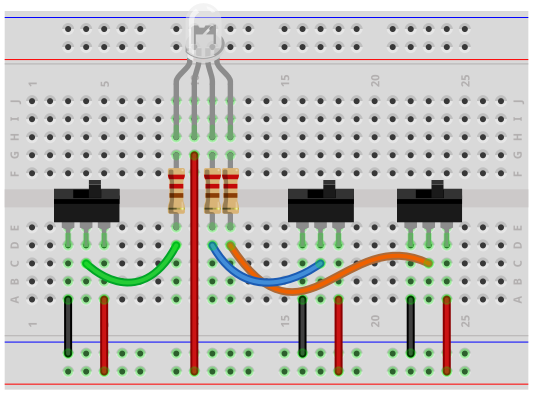 Common anode RGB LED circuit breadboard schematic