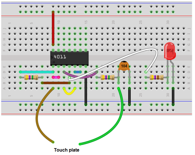 Touch on-off circuit with a 4011 NAND gate chip